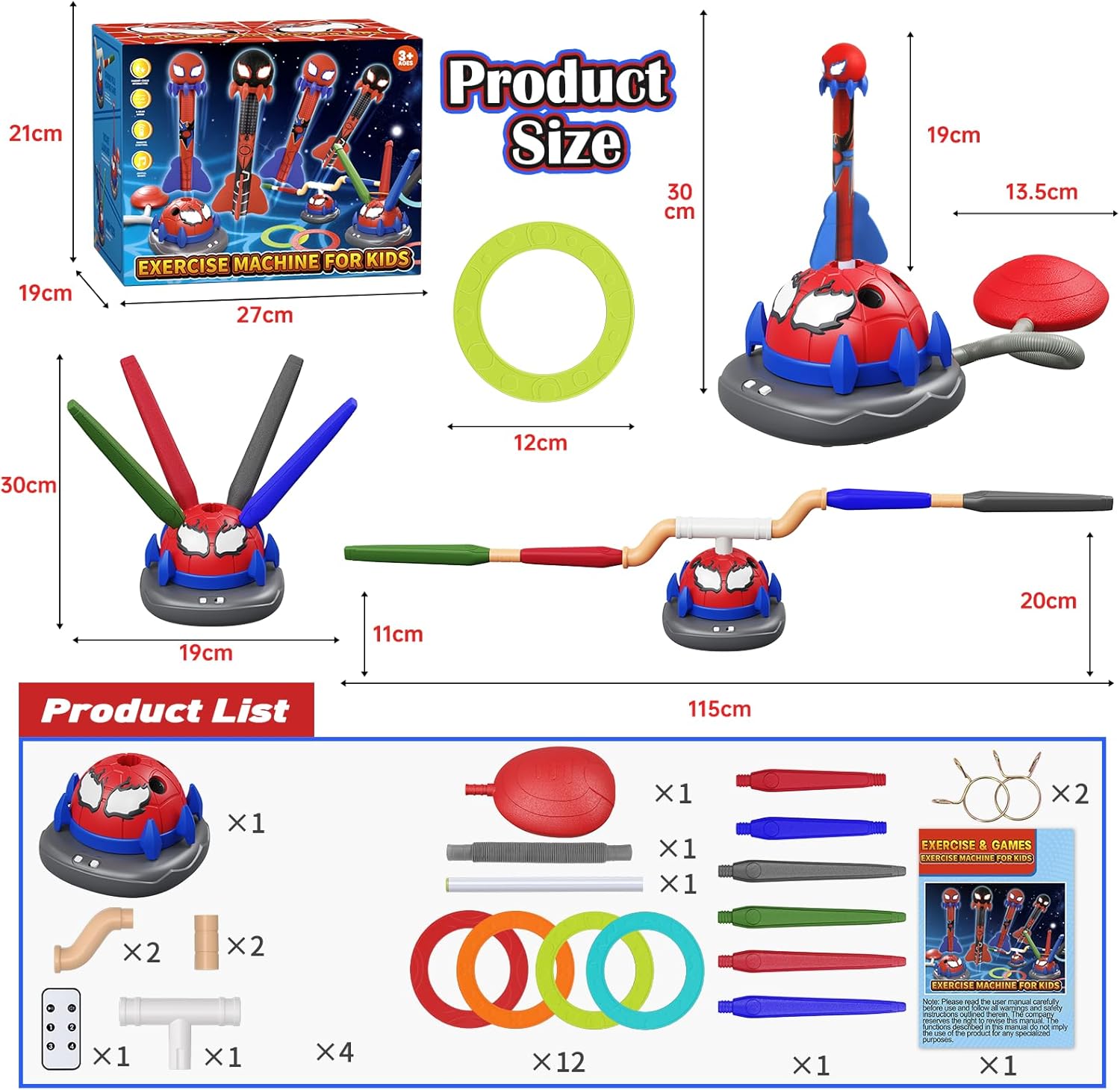 3-in-1 Outdoor Toys for Kids 3-8, Spider Rocket Launcher & Ring Toss Musical Jump for Sports and Outdoors Active Play Set, STEM Learning Toys Birthday Gift for Boys Girls Ages 3 4 5 6 7 8