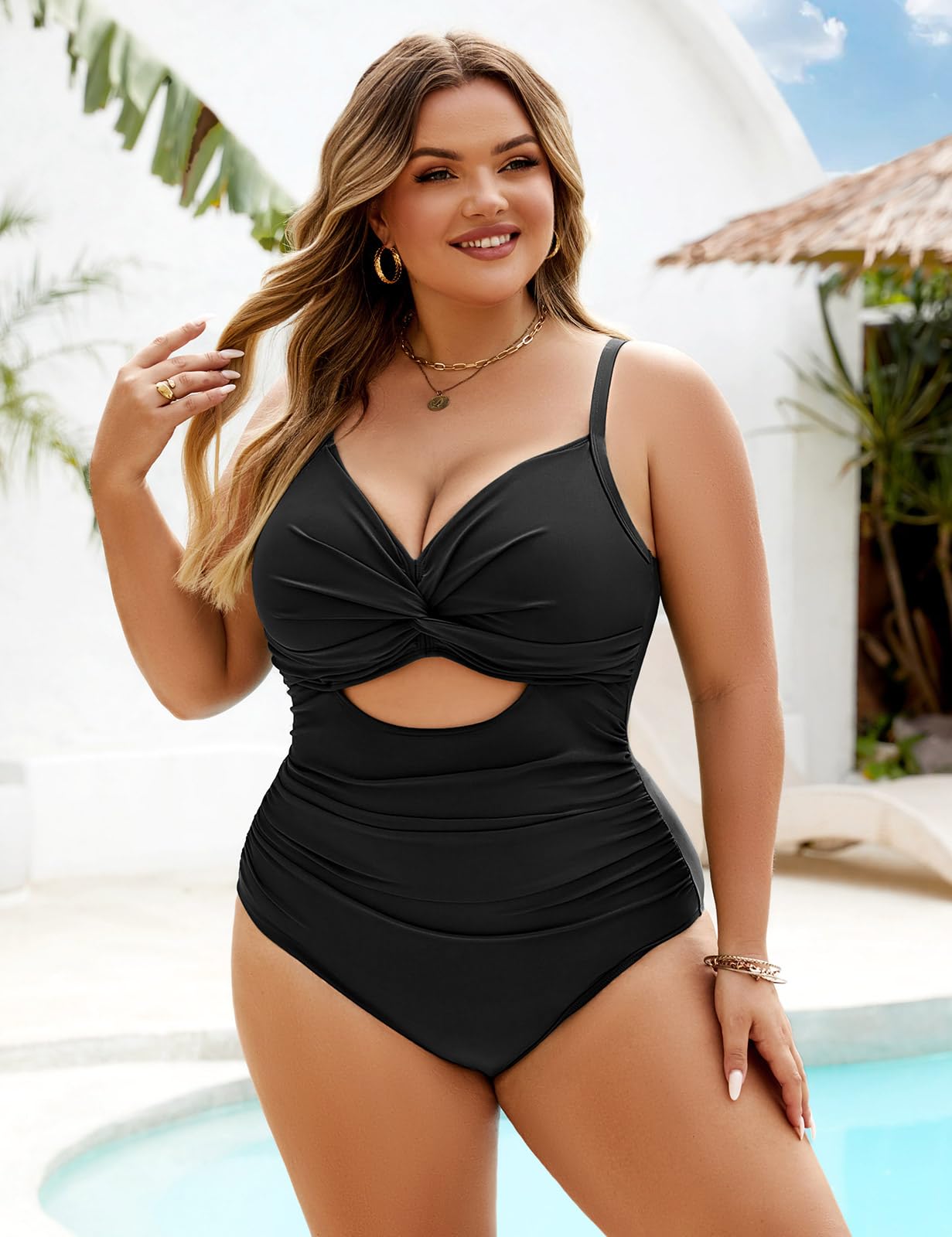 heekpek Badeanzug Damen Bauchweg Große Größen Einteiliger Badeanzug Große Oberweite V-Ausschnitt Ruched Bademode Plus Size Badebekleidung