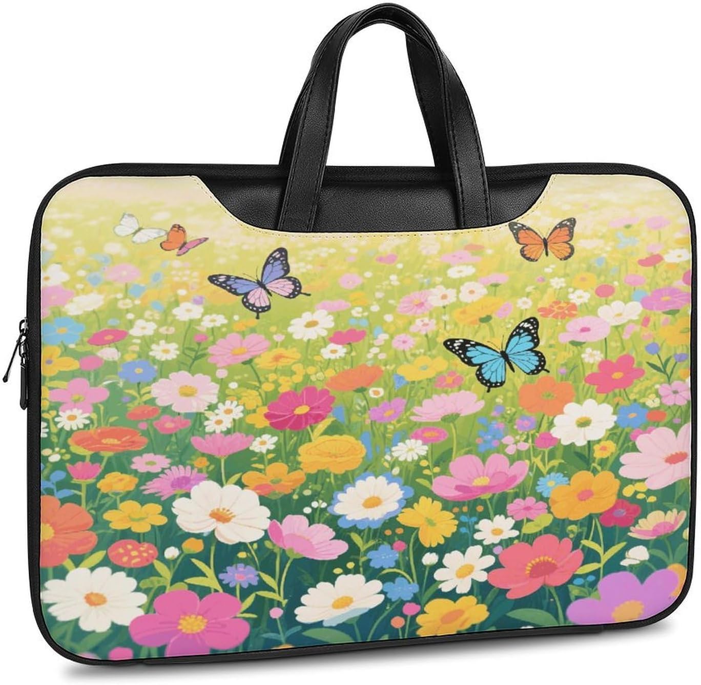 Colorful Flower Sea World 42x30.5cm Black-style Laptop Bag Leather Tablet Computer Briefcase Large Capacity Work Business Tote Bags for Office