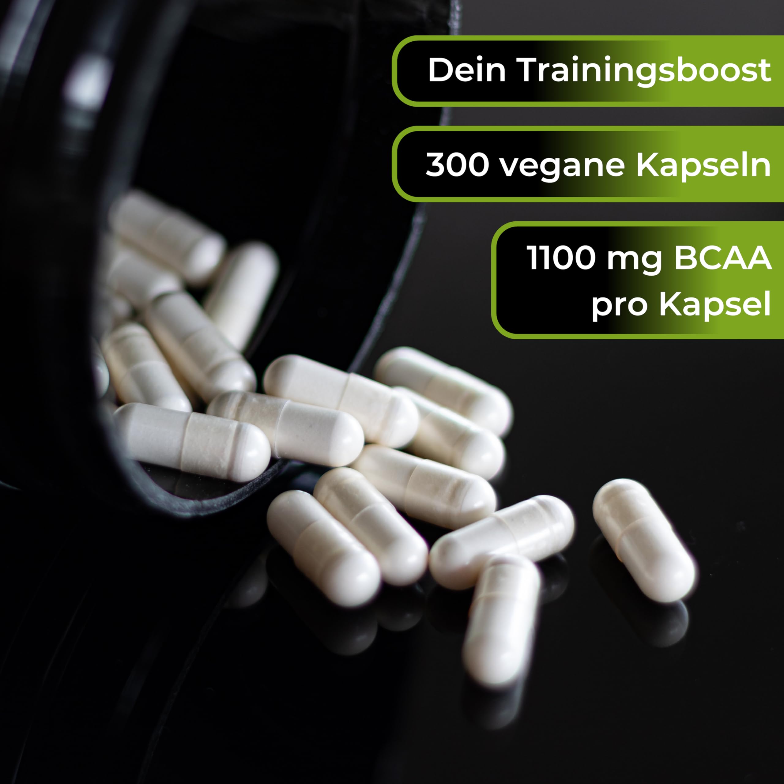 BCAA Kapseln optimal dosiert 300 Stk. - 1100 mg essentielle Aminosäuren + Vitamin B6 pro Stück - vegan, fermentiert und ohne Magnesiumstearat - L-Leucin, L-Valin, L-Isoleucin für Sportler