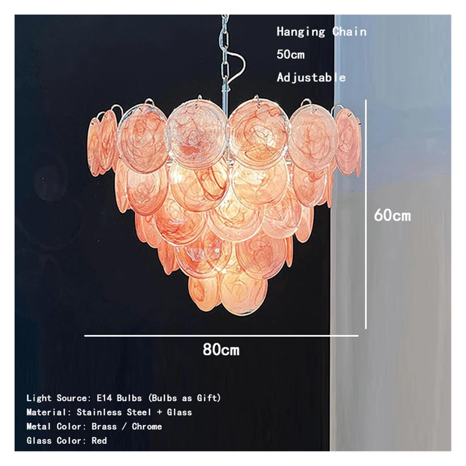 Szklany żyrandol Red Cloud, oprawa LED w stylu vintage, włoski design, lampa sufitowa do jadalni, hol wejściowy (naturalny, 80 cm, chromowany)