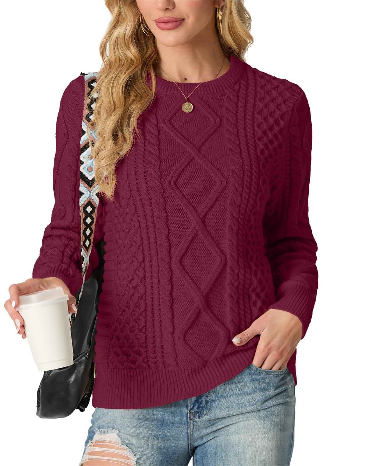 GRECERELLE 2026 Womens Fall Winter Long Sleeve Casual Pullover Sweater Tops Crewneck, Cable Knit, Chunky, Vintage Style, Anti-static(XS-2XL)