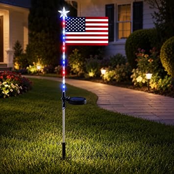 Solar American Flag Pathway Lights,Patriotic Red, White & Blue LED Outdoor Stake Lights with USA Flags and LED Stars,Perfect for 4th of July, Memorial Day & Independence Day Yard Decor,1 Pack