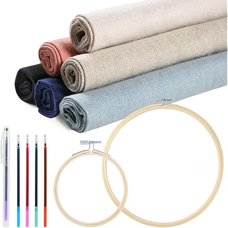 Caydo 14 Pieces 6 Colors Linen Needlework Fabric for Decoration Embroidery Project with Cross Stitch Hoop and Tools(19.6 by 19.6 Inch)
