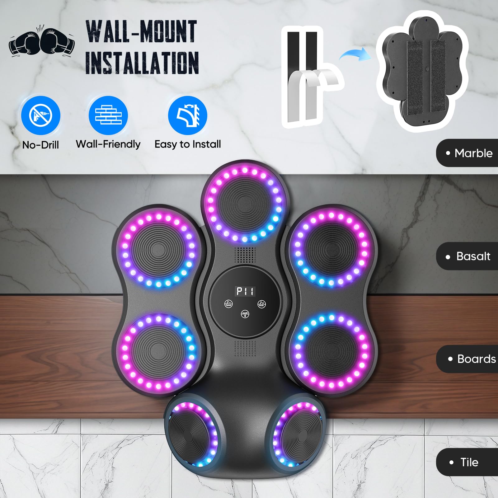 Macchina da Boxe Musicale Da Parete Attrezzature di Allenamento Intelligente con Bluetooth, 9 Velocità & Mode, Tappetino di Reazione con Guanti per Ragazzi & Bambini, Regalo Sportivo Palestra