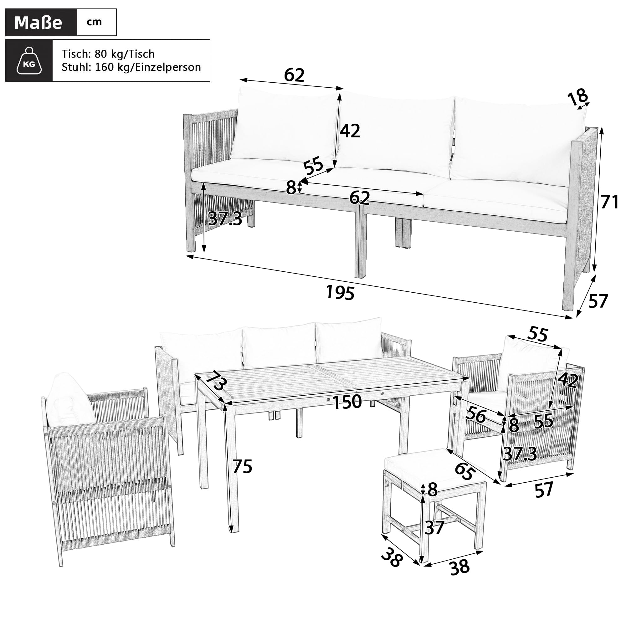 Set di 6 sedie da giardino, set di mobili da giardino, 3 divani, 2 divani, 2 sgabelli, tavolo da pranzo, tavolo in acacia (beige)