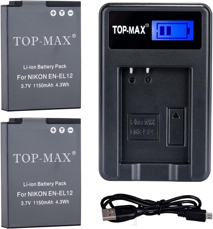 TOP-MAX (2-Pack) EN-EL12 Battery + USB Charger for Nikon Coolpix P300 P310 P330 P340 P3000 S31 S70 S610 S620 S630 S640 S800c S1000pj S1100pj S1200pj S6000 S6100 S6150 S6200 S6300 S8000 S8100 S8200 S9050 S9100 S9200 S9300 S9400 S9500 S9600 S9700 S9900 AW100 AW100s AW110 AW110s AW120 AW120s AW130 Digital Camera