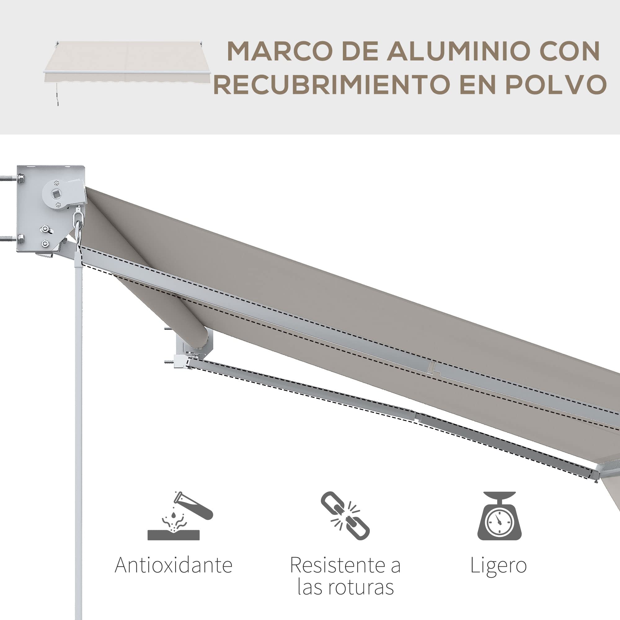 Outsunny Toldo Manual Retráctil 200x250 cm, Toldo Exterior Terraza con Ángulo Ajustable, Brazo Articulado, Montaje a Pared, Estructura de Aluminio, Anti-UV50+ e Impermeable, para Jardín, Crema