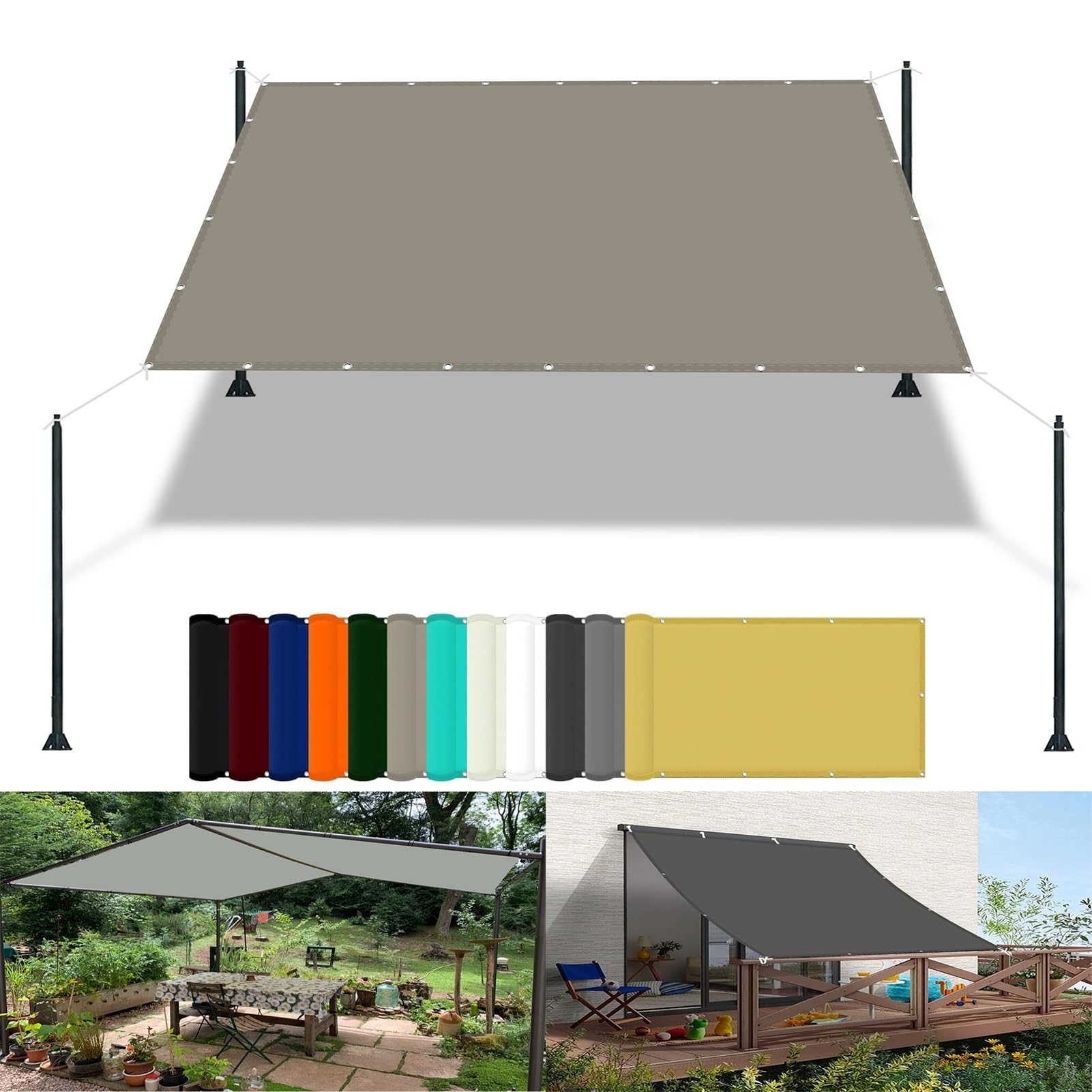 Shade Sails 2.8 x 3 m(9.2 x 9.8ft) Waterproof Rectangle Shade Sails with Free Rope UV Block Weather-Resistant with Grommets Pes Sunsail for Camping Beach Deck Porch, Khaki — image 1
