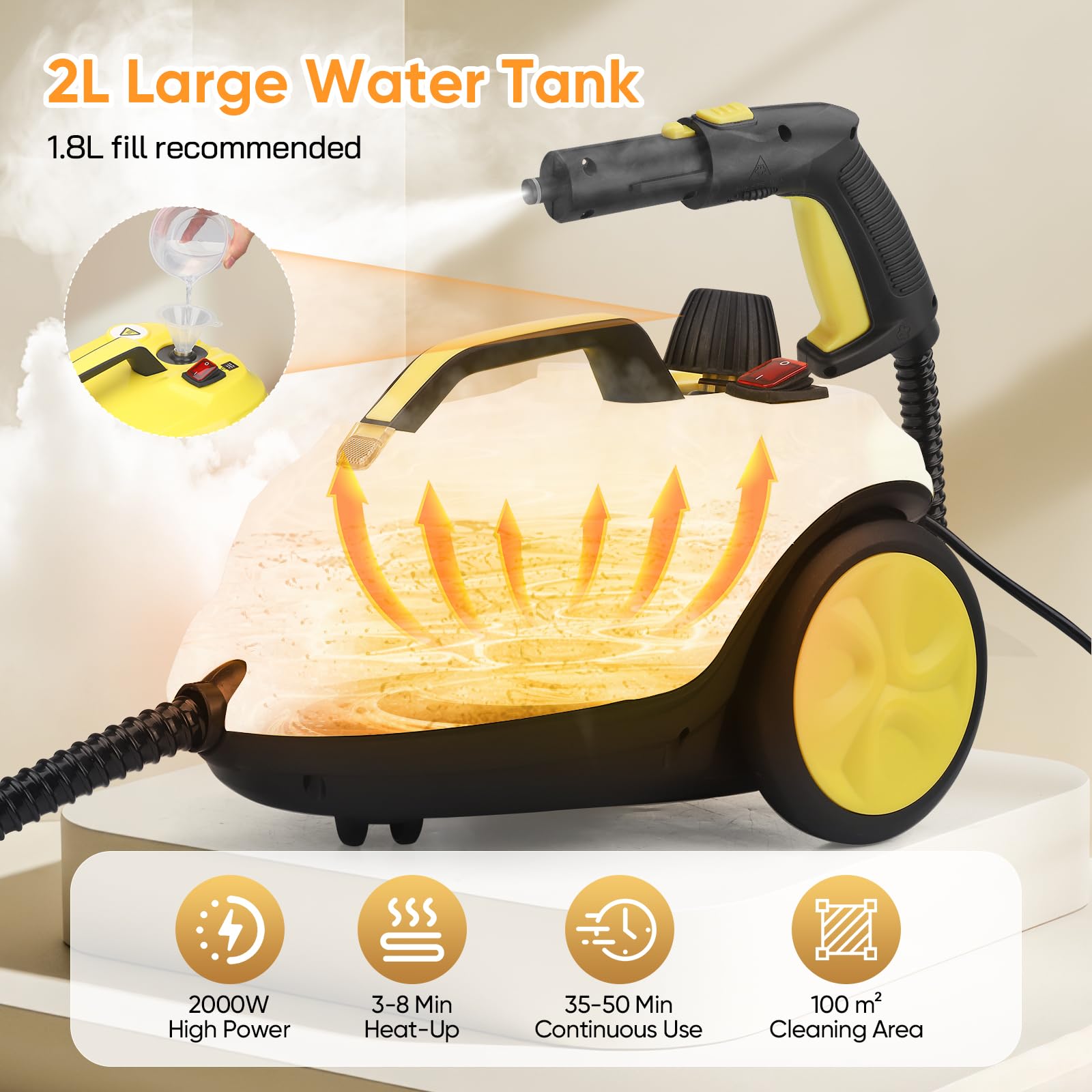 Limpiador a Vapor, 320°F Alta Temperatura con Depósito 2L, Limpiadora de Vapor Multiusos de Mano para Suelos, Tapicerías, Coche y Hogar