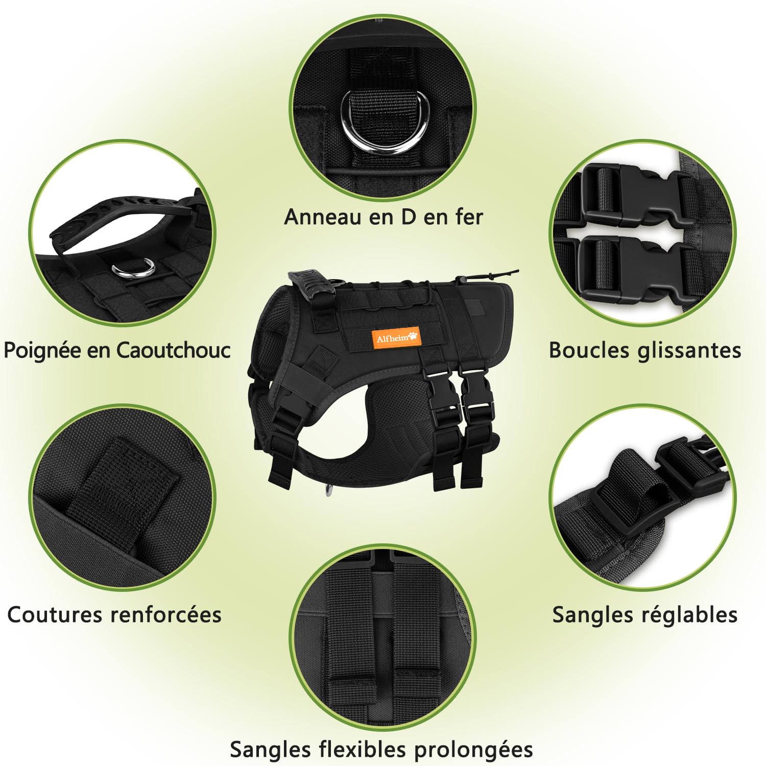Alfheim Harnais Tactique pour Chiens avec Poignée pour Chiens de Taille Moyenne - Harnais Réglable sans Traction, Gilet Imperméable Léger Rembourré pour l'entraînement et la Marche Quotidienne