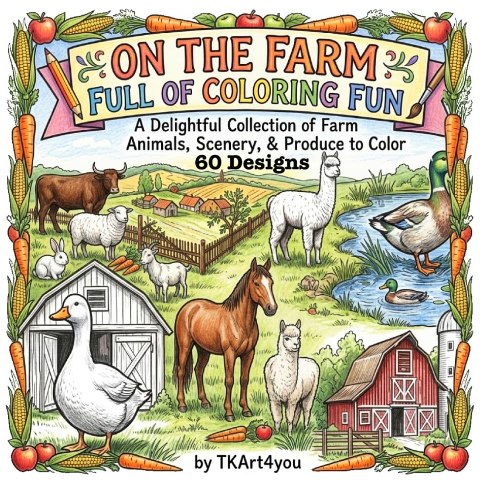 On The Farm Full of Coloring Fun: A Delightful Coloring Collection of Farm Animals, Scenery and Produce