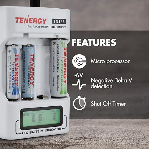 Miniatura 4 de Tenergy TN156 Cargador de batería compacto AAAAA NiMH NiCD LCD de 4 bahías, cargador ideal para baterías recargables de tamaño AA y AAA para