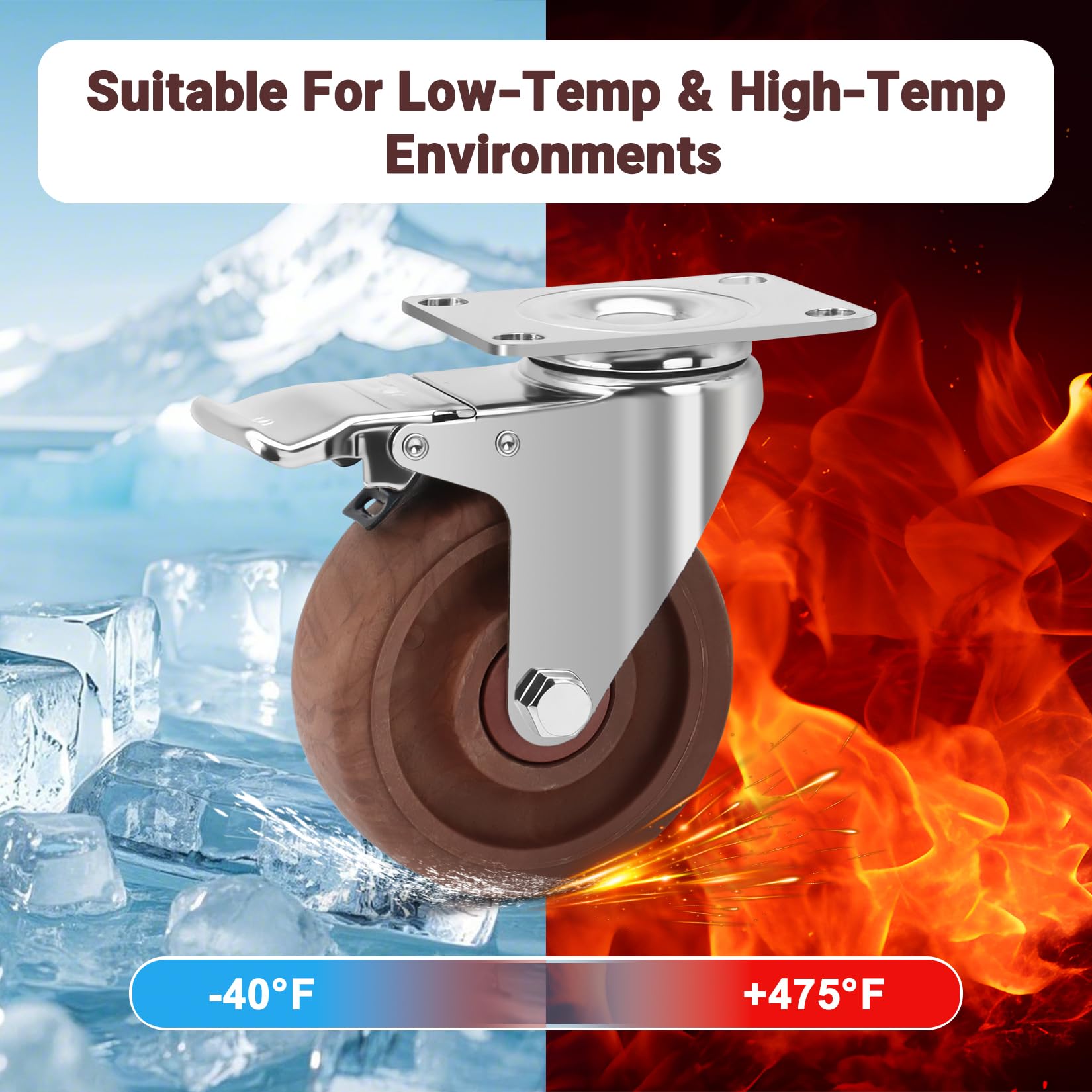 100mm Ruedas Resistentes al Calor, Carga de 800KG,Giratorias Ruedas Muebles con Freno, Resistentes -20°C a +250°C, Pesadas Ruedas de Nylon Reforzado para Carretillas, Juego de 4