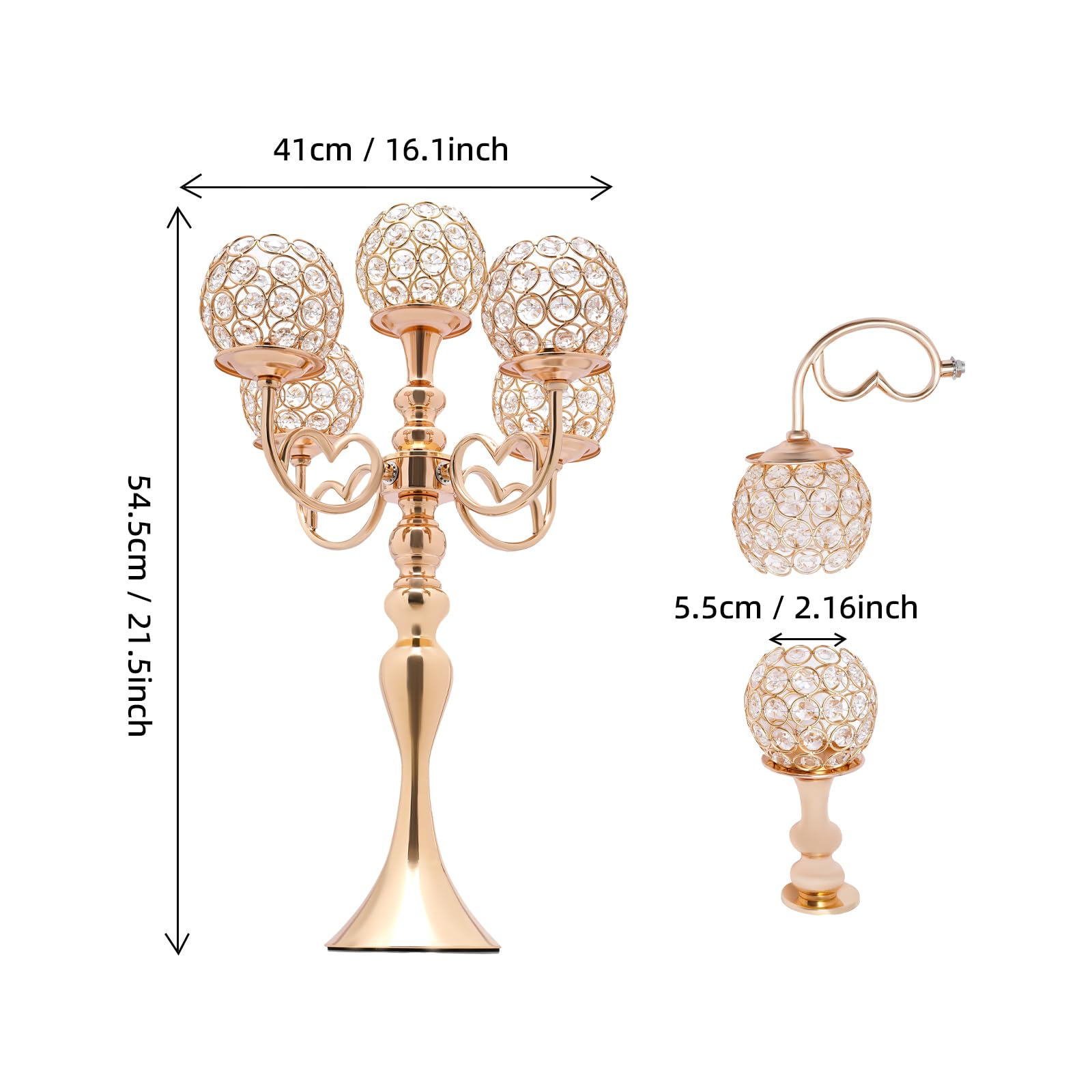 2 Pack Crystal Candelabra,21.5in Tall Candle Holder 5 Arms,Wedding Table Candelabra Stand w/Crystal Candle Holder Bowl,Golden Crystal Candelabra