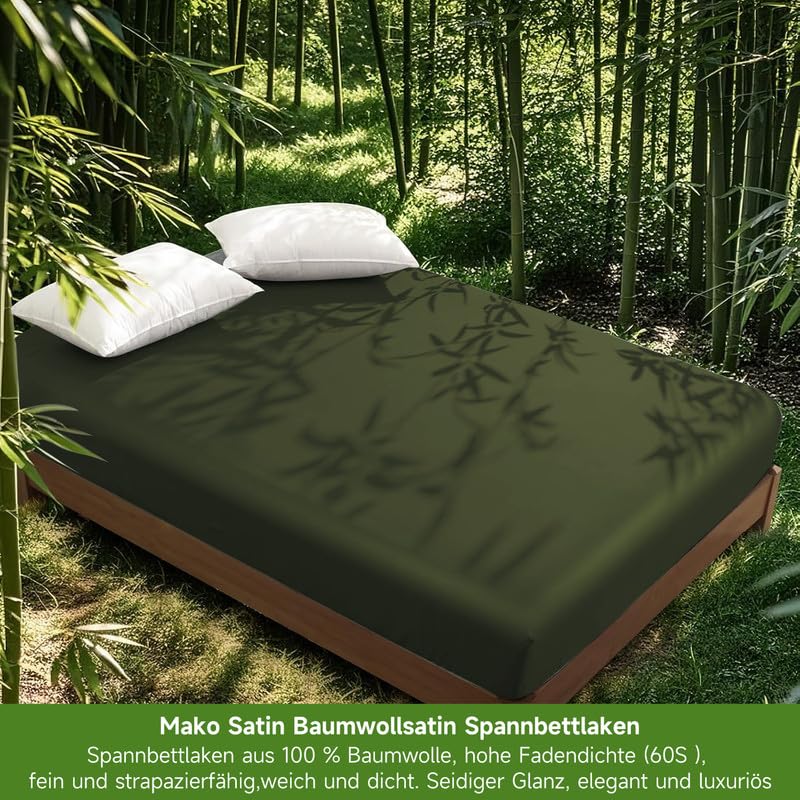 Gezu Baumwollesatin Spannbettlaken 180x200cm Mako Satin Grün Olivgrün | Weich Hypoallergen Thermoregulierend Spannbetttuch Bettlaken 180x200cm Spannbettlaken Baumwolle Sommer für bis 30cm Matraze