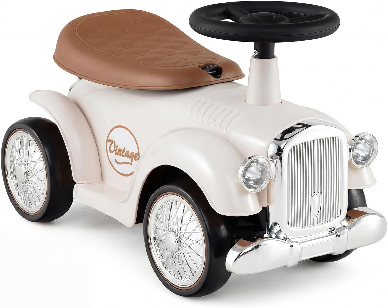Ride On Push Car, Outdoor Toddler Riding Toys w/Steering Wheel, Horn & Storage, Foot-to-Floor Sliding Car, No Batteries, Retro Baby Ride On Toys for Boys and Girls (White)