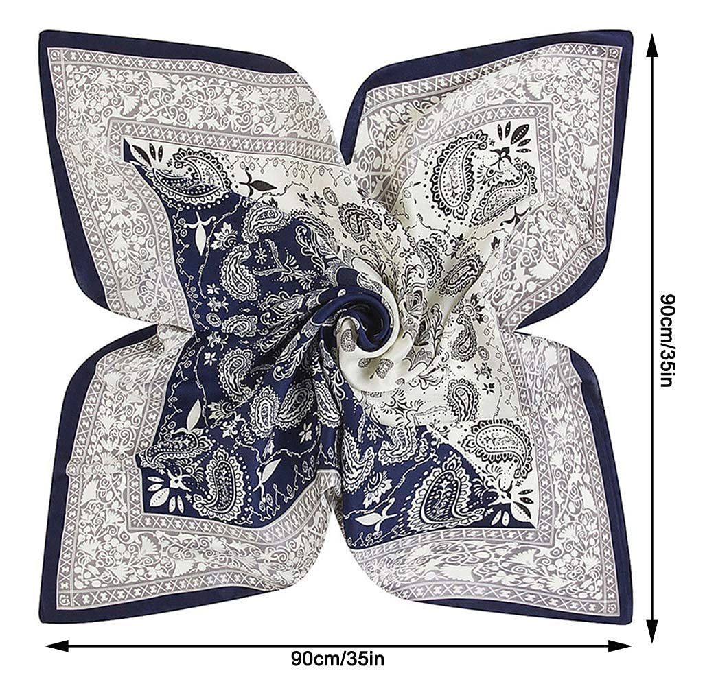 Paquete de 2 bufandas de seda satinada de 35 pulgadas para el cabello, bandana ligera para la cabeza, bufandas para el cuello y la cara para mujer, 2pcs Paisley2 Negro+azul marino 4