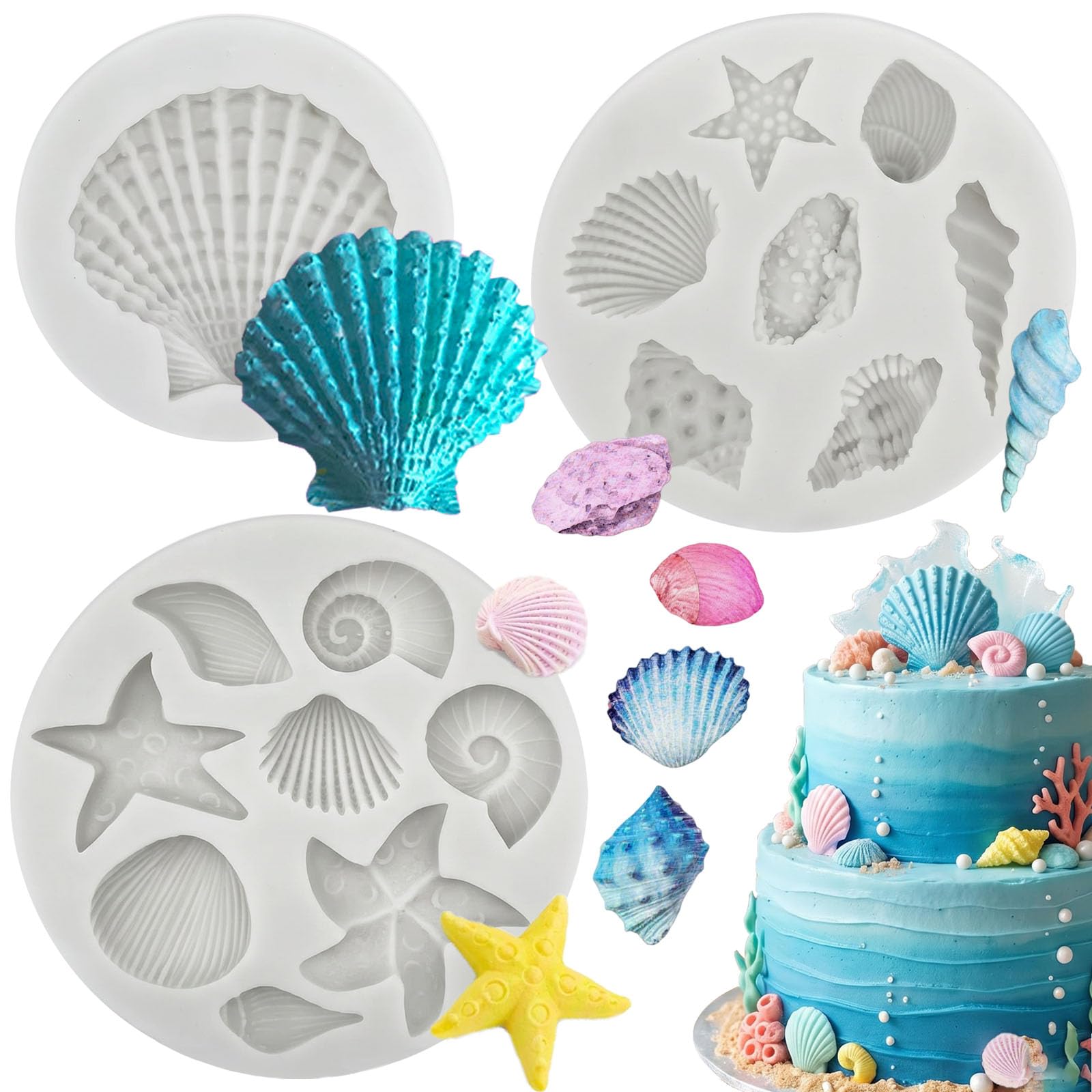 3 PCS Marine Theme Cake Fondant Silicone Mold Seashell Conch Starfish Coral Baking Molds for DIY Cake Decoration Chocolate Candy Polymer Clay Crafting Projects Shell styles
