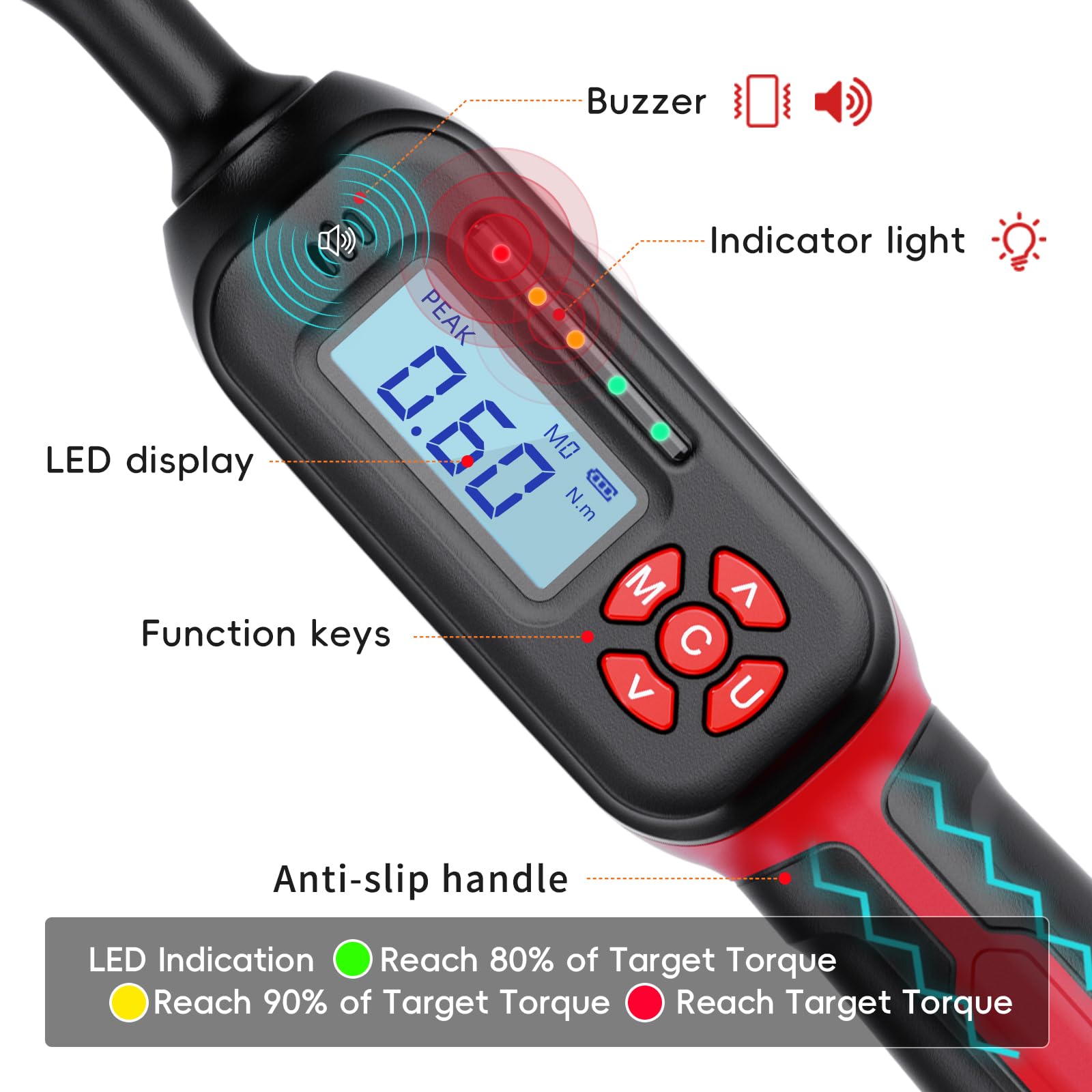 Llave dinamométrica digital de 1,5-340 Nm con pantalla LED | Par de torsión de precisión | Almacenamiento de datos USB y recordatorio triple (rojo, 0,6-12 N.m)