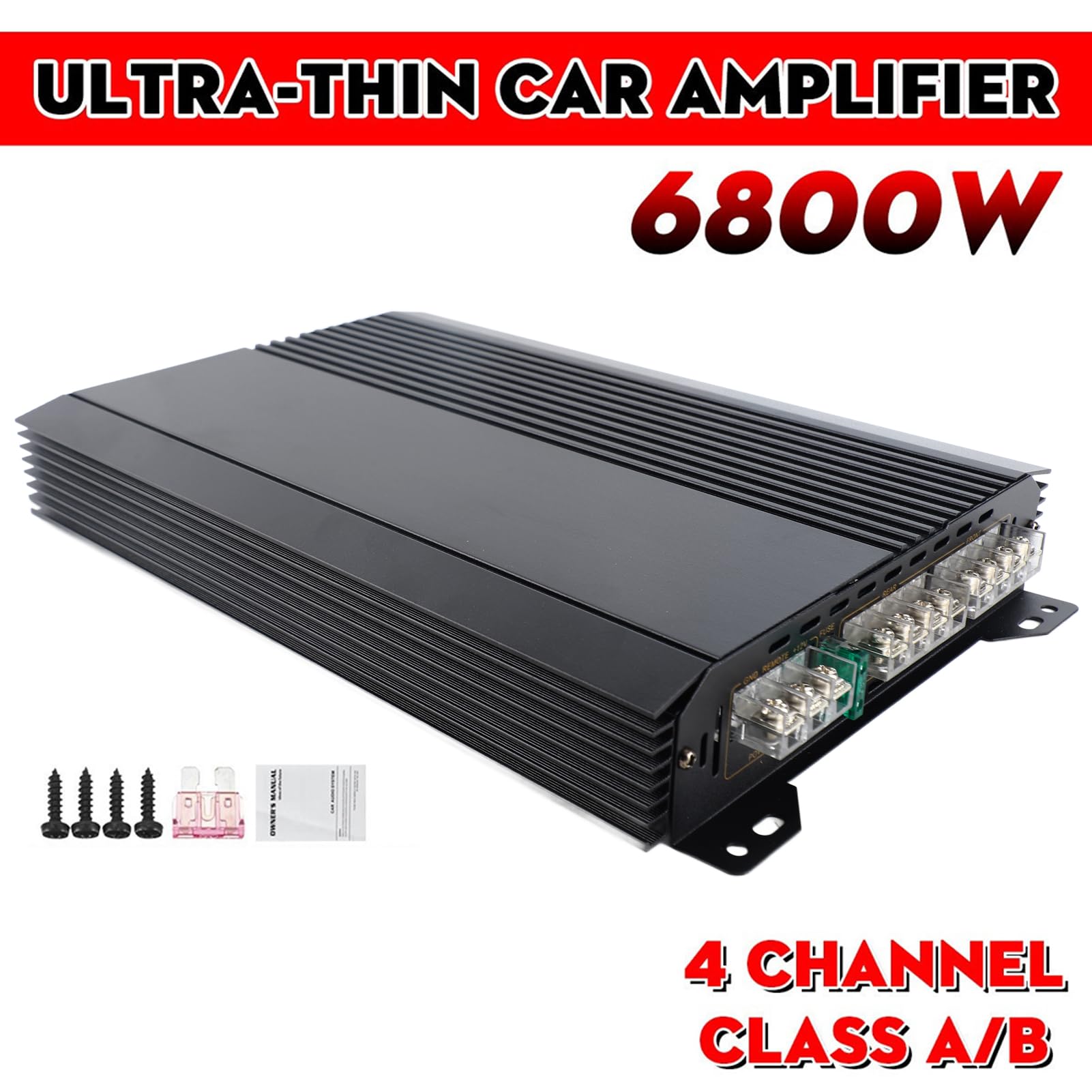 Akozon Amplificador de Audio para Automóvil de Alta Potencia de 6800 W Amplificador de Potencia Ultradelgado de Cuatro Canales