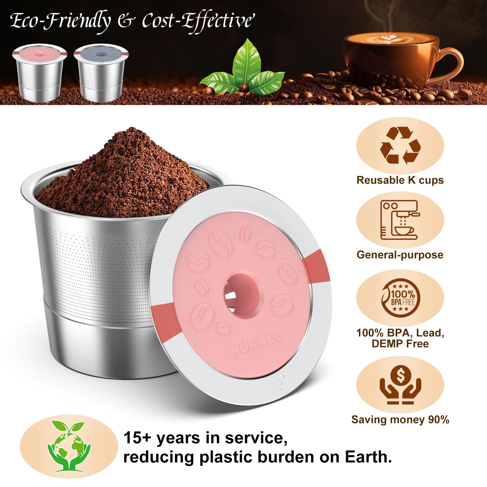 Kcup - Cápsulas de café recargables de acero inoxidable reutilizables para Keurig Metal K Cup, filtro de café reutilizable rosa y gris para cafetera Keurig 1.0 y 2.0, ecológica, Stratum Flow
