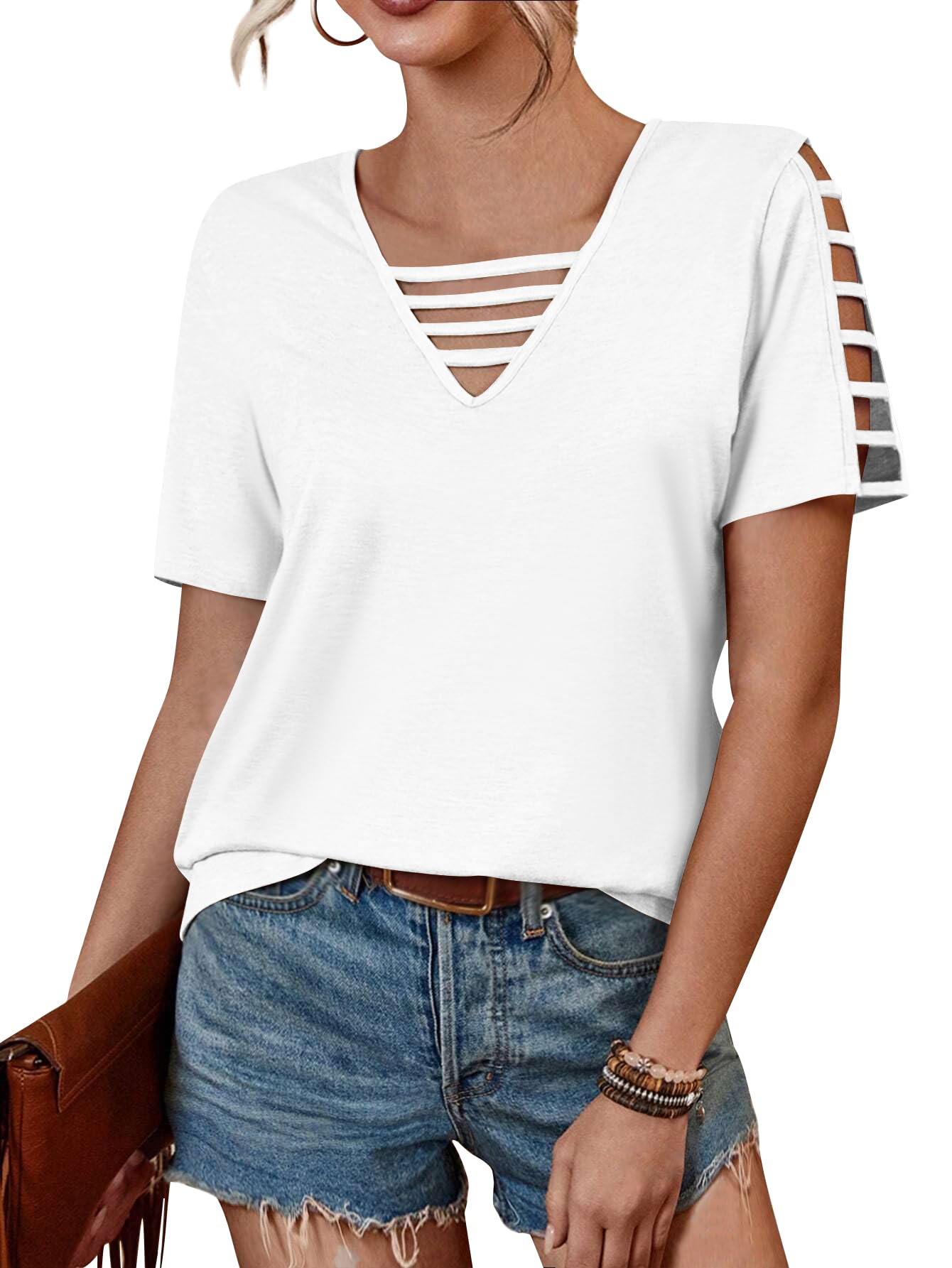 Womens' Summer Top, Solid Color Hollow Out Short Sleeve Casual V Neck T-Shirt X-Large White