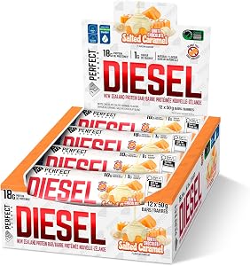 PERFECT SPORTS DIESEL New Zealand Protein Bar | 17g Protein, Low Sugar, Peanut-Free | White Chocolate Salted Caramel | 12 x 50g Bars