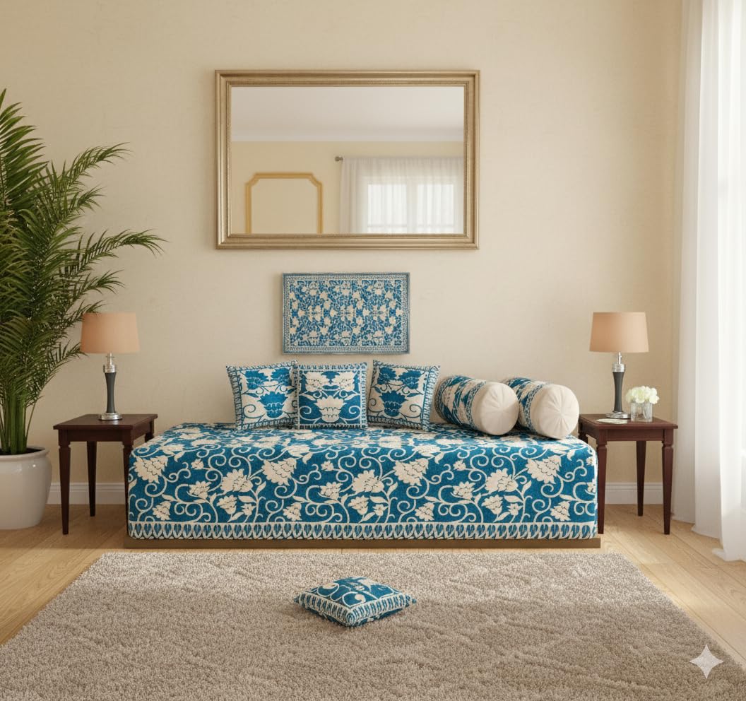 FRESH FROM LOOM Reversable Diwan Set (You can Used This from Both Side), 500 TC, Velvet Chenille Fabric, Diwan Set - 8pc (Aqua)-image-2