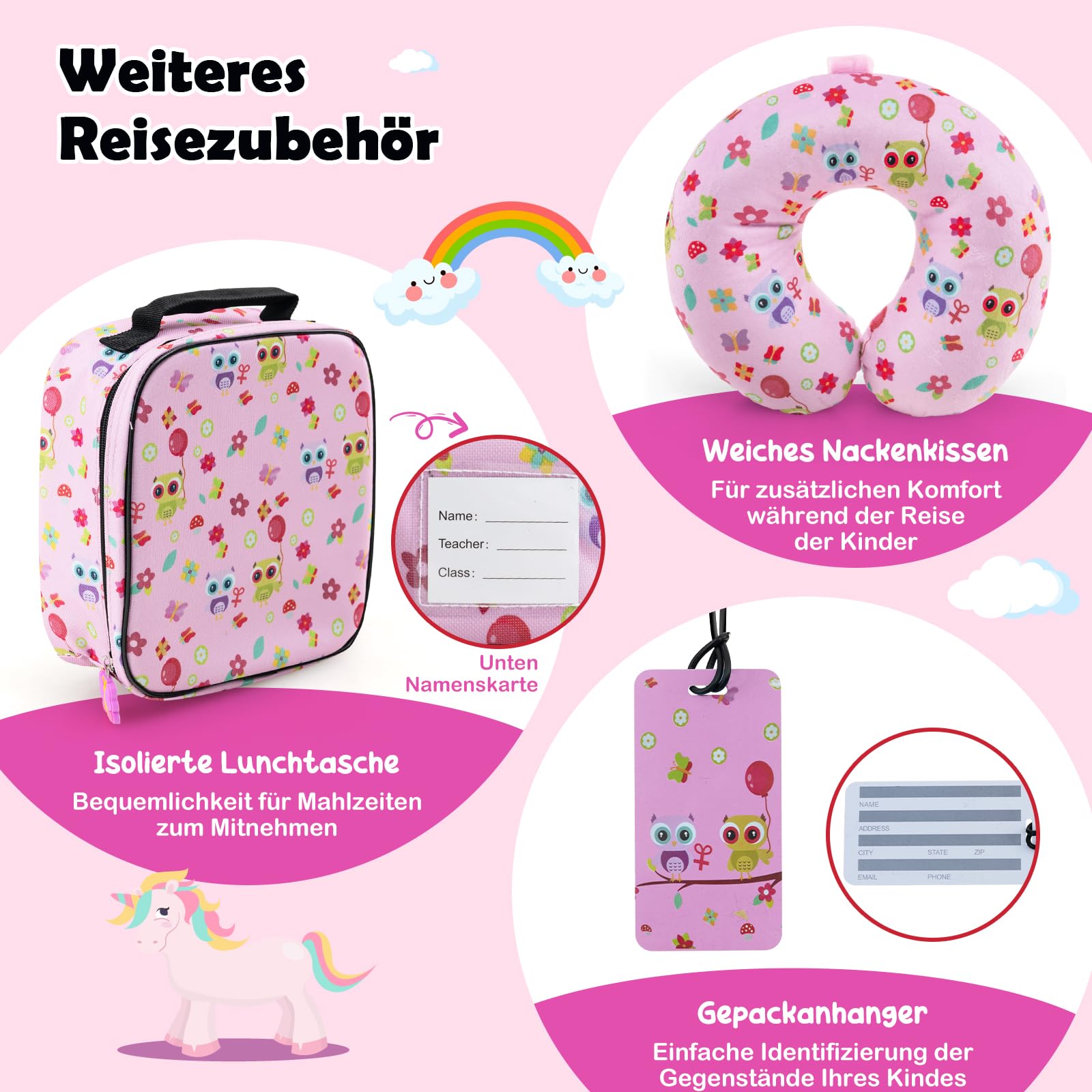 DREAMADE 5tlg Kinderkoffer Set, Kinder Reisekoffer mit Rucksack, Nackenkissen, Lunchtasche & Kofferanhänger, Reisetrolley mit Rollen für Kinder ab 3 Jahren, 30 x 23 x 46cm (Pink-Eule)