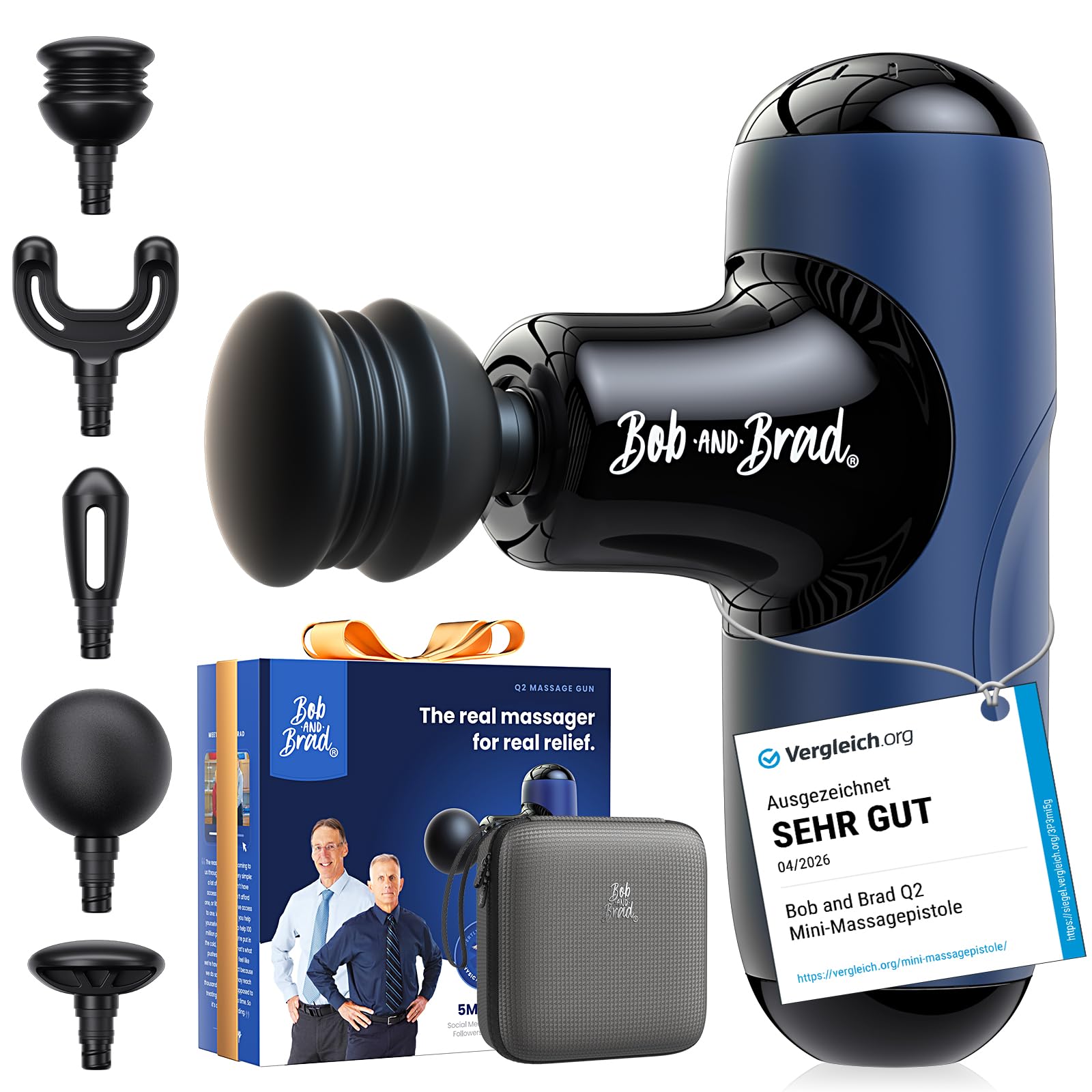 BOB AND BRAD Q2 Mini Massagepistole – Tiefengewebe Massage Gun für Rücken & Schulter, Starke Perkussions Massage Pistole für Büro, Sport & Reise – Leise, mit Koffer, USB-C & 5 Aufsätzen
