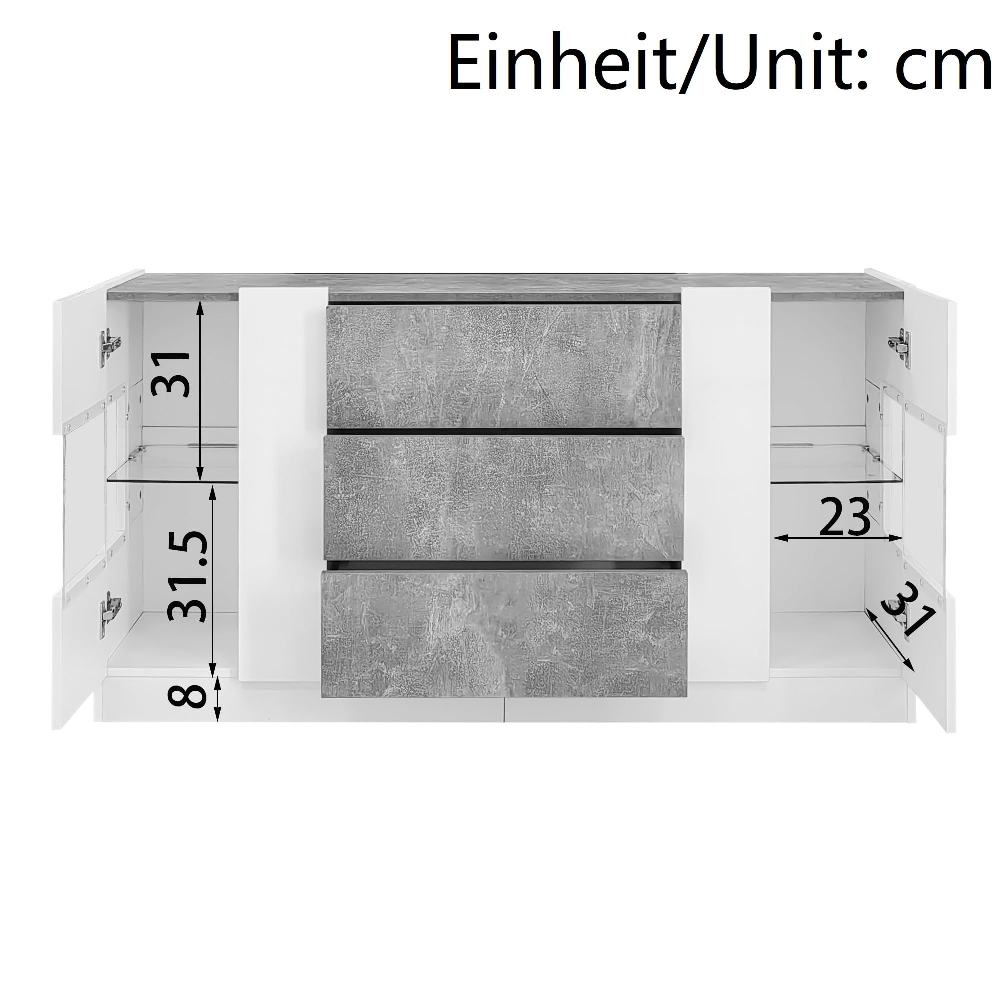 Azkoeesy Aparador 140 cm Vitrina LED Puertas Cristal 3 Cajones Mueble TV Buffet Gris Blanco Brillante