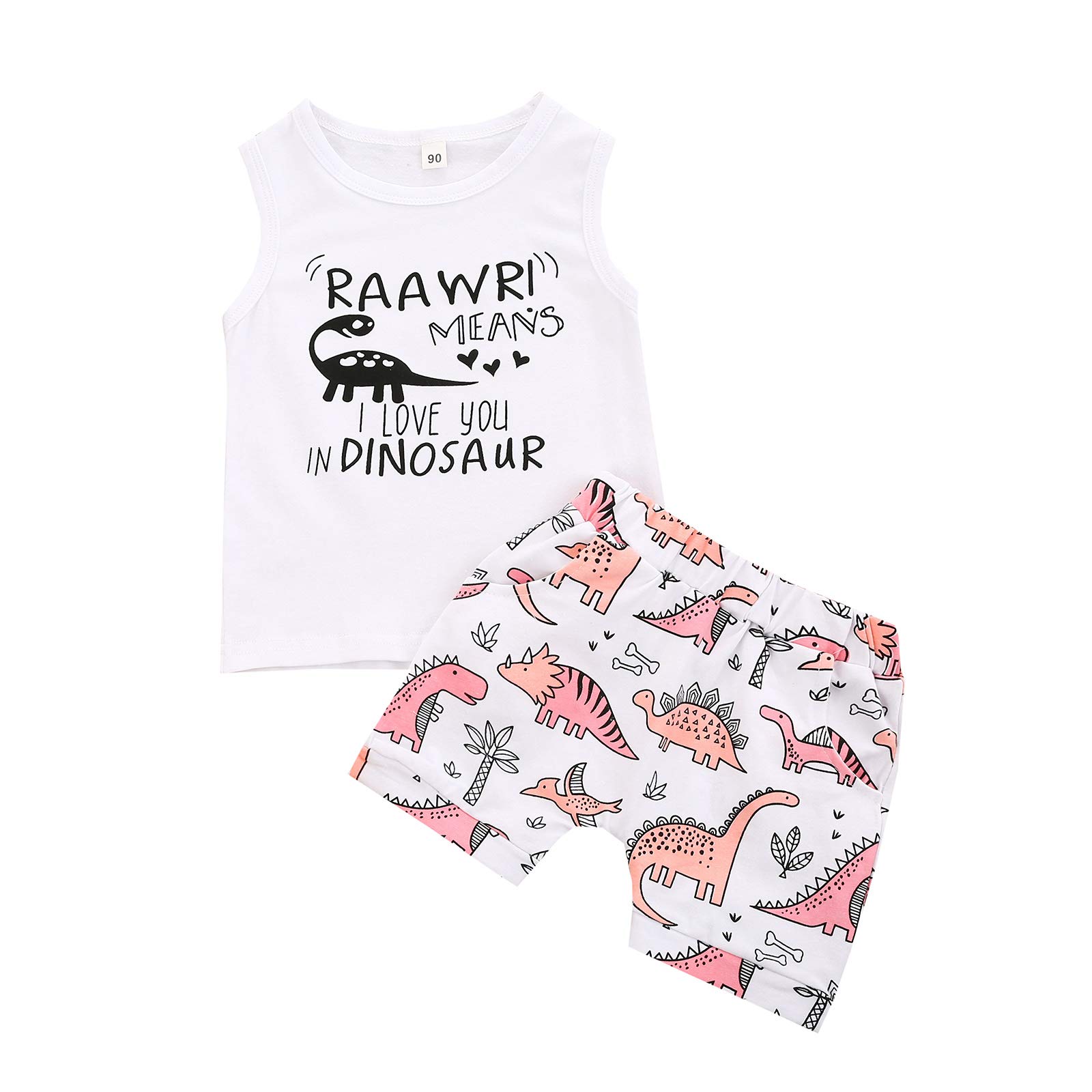 Rtnnsbbfcm Toddler Baby Girl Summer Clothes Sleeveless Letter Vest Tank Top Dinosaur Print Shorts 2Pcs Casual Outfit (3-4T,White,)