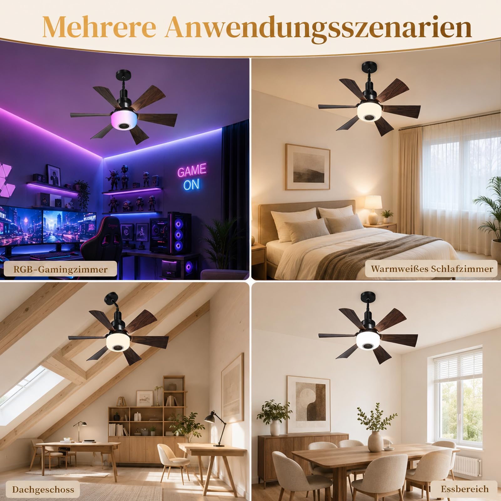 Deckenventilator mit Beleuchtung und Bluetooth Lautsprecher, Ø52cm E27 Klein Sockel Ventilator Lampe mit Fernbedienung RGB Dimmbar Höhen Verstellbar Schwenkbar für Schlafzimmer Kinderzimmer Küche