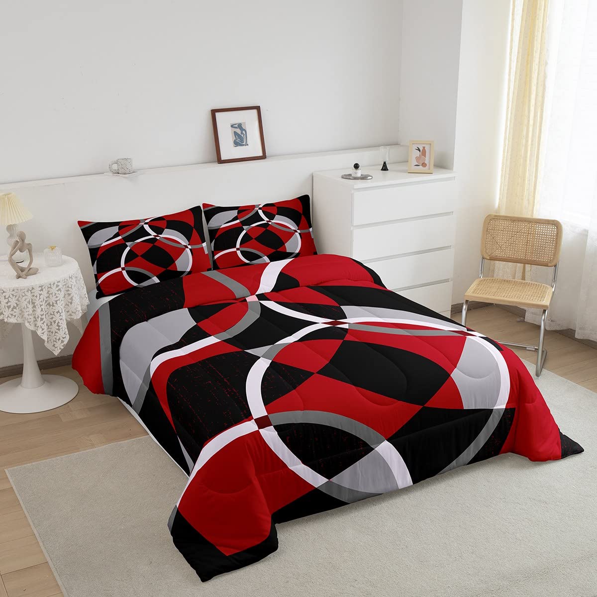 Circle Geometry Comforter Set Full Size Kids Red Grey Black Stripe Line Comforter Set for Boys Teens Modern Art Bedding Set Abstract Art Duvet Set Room Decor Quilt Boys