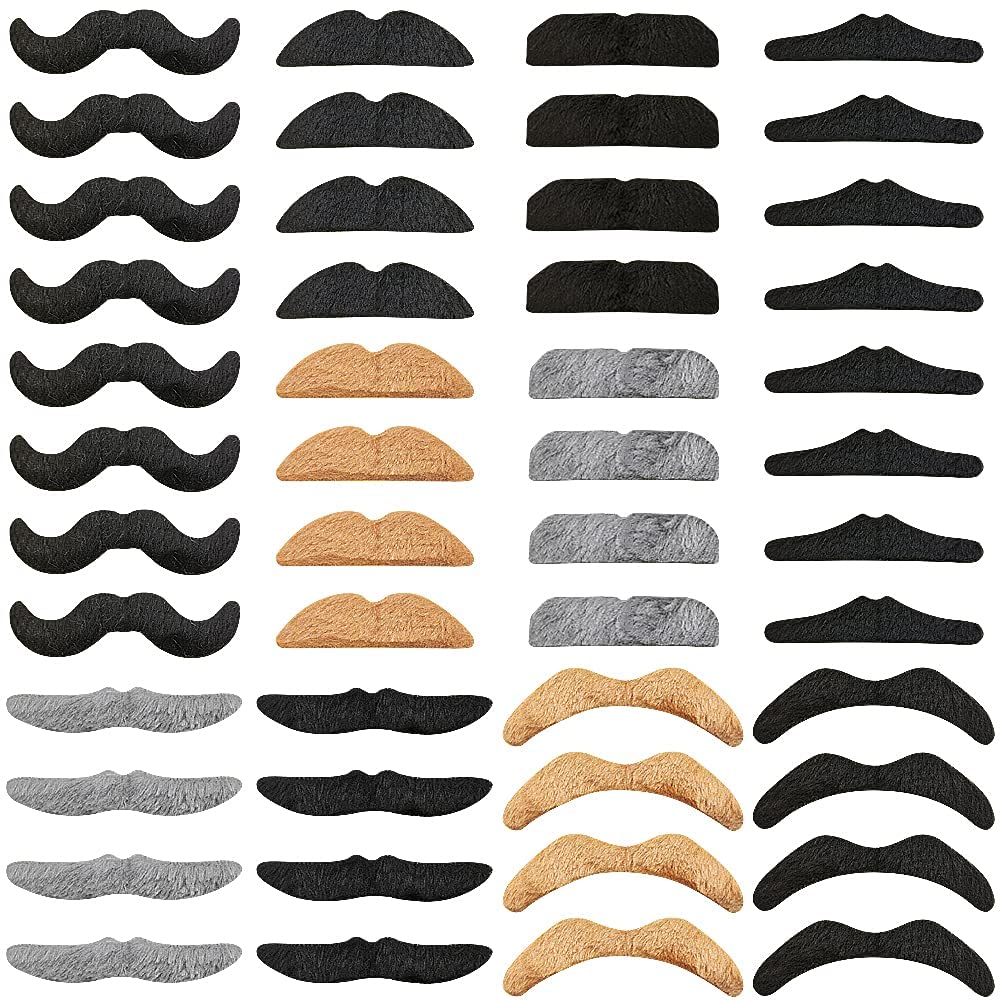 TERRIFI 48Pcs Self Adhesive Fake Mustaches,Hairy Fake Facial Hair,Novelty False Mustache for Halloween,Party Supplies,Masquerade