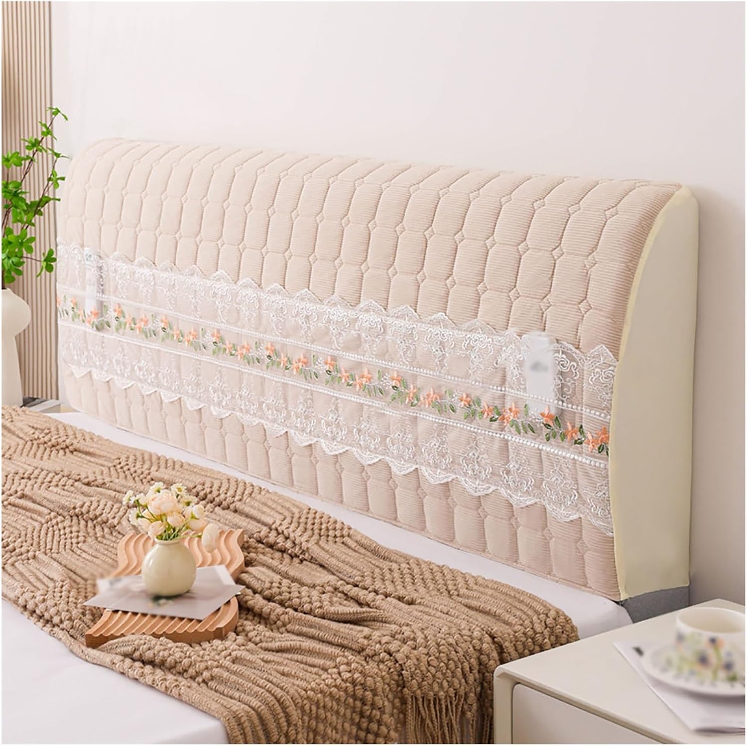 Cotton Cloth Headboard Cover, Storage Pocket with Embroidered Lace,Stretch Dustproof Protector Cover,Machine Washable,for Queen Full Twin Cal King Size Beds(Beige,86.7in)