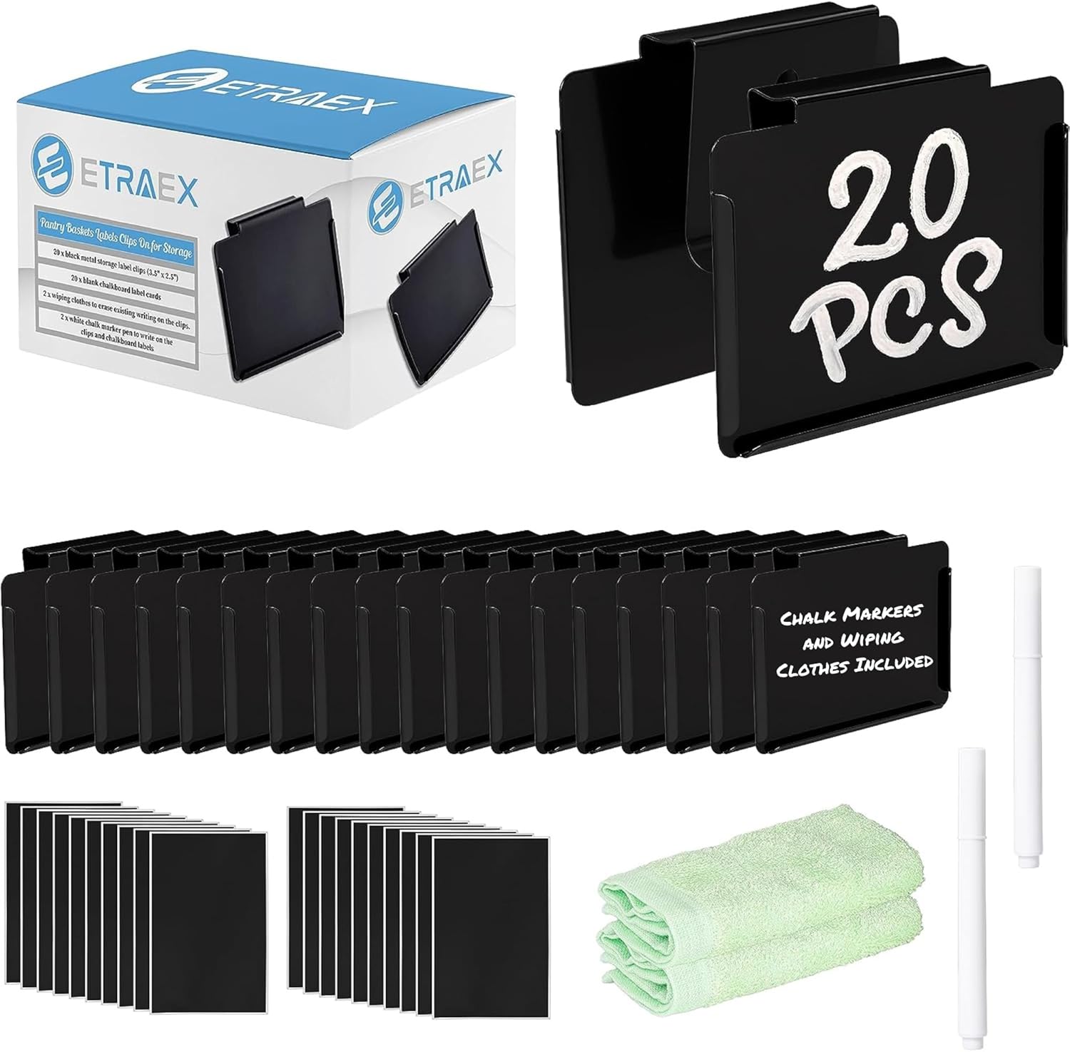 ETraEx 20pcs Metal Clip On Labels for Storage Bins
