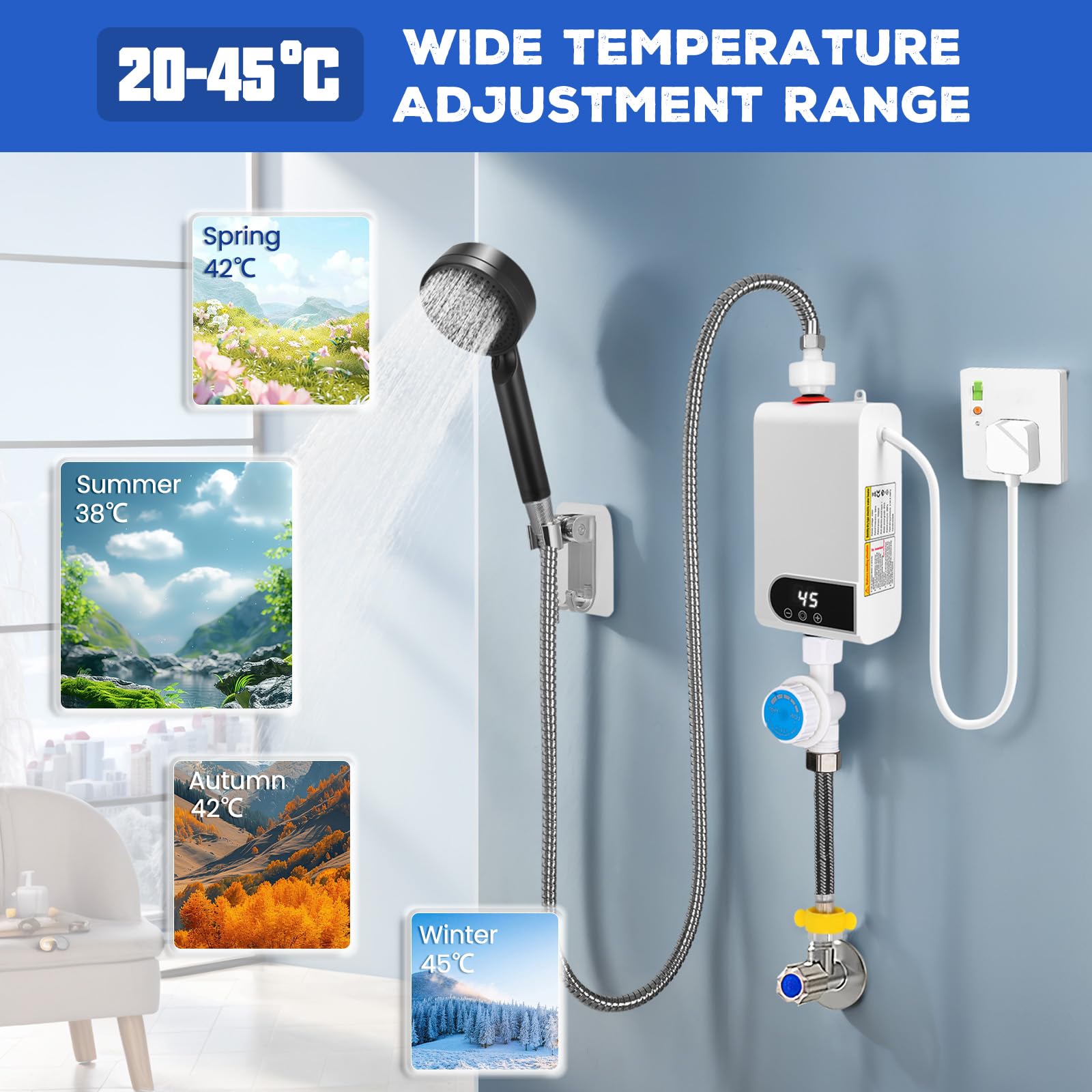 Scaldabagno Elettrico Istantaneo, 220V 5500W Mini Scalda Acqua Elettrico Istantaneo con Display Digitale LCD e Pulsanti a Sfioramento Piccola Cucina, Bagno, Minatura