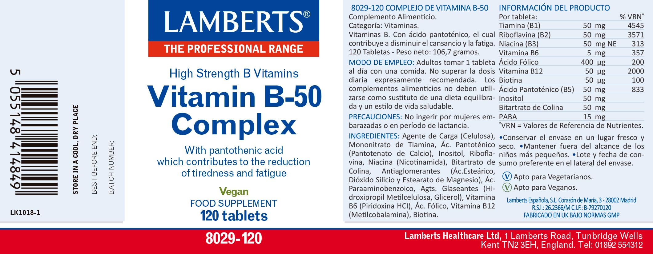 Lamberts Vitamina B-50 Complex - 120 Tabletas