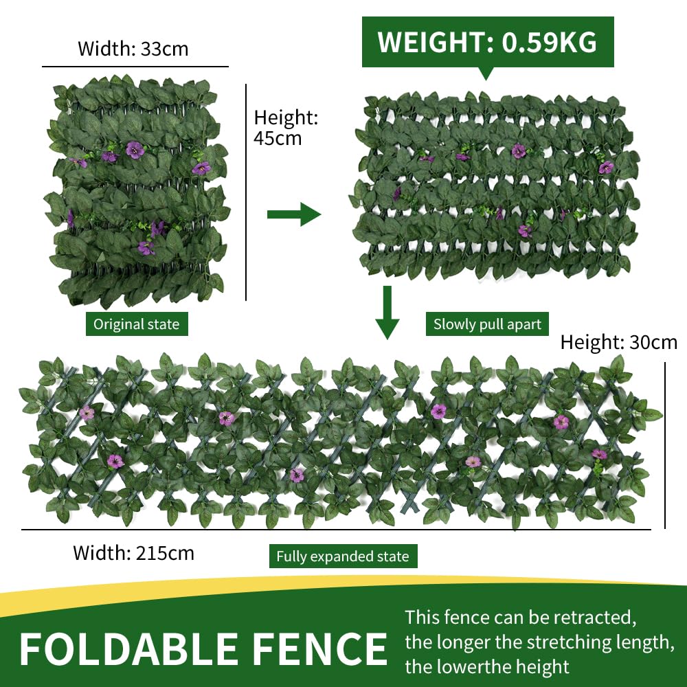 Expandable Garden Fence Screening Panels with Flower - Privacy Screen - Faux Ivy Greenery - Balcony - 200x30cm (Purple Flower) - Image 4