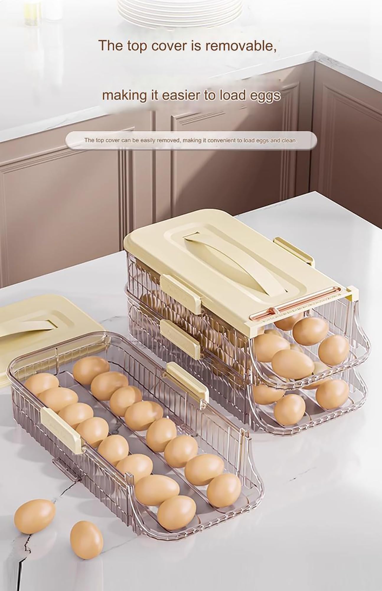 Contenedor y bandeja de plástico transparente for huevos, estante for almacenar huevos de 1, 2 o 3 niveles, dispensador de huevos apilable con tapa resistente(Holder 48 Eggs-32x16.7x19.6cm)