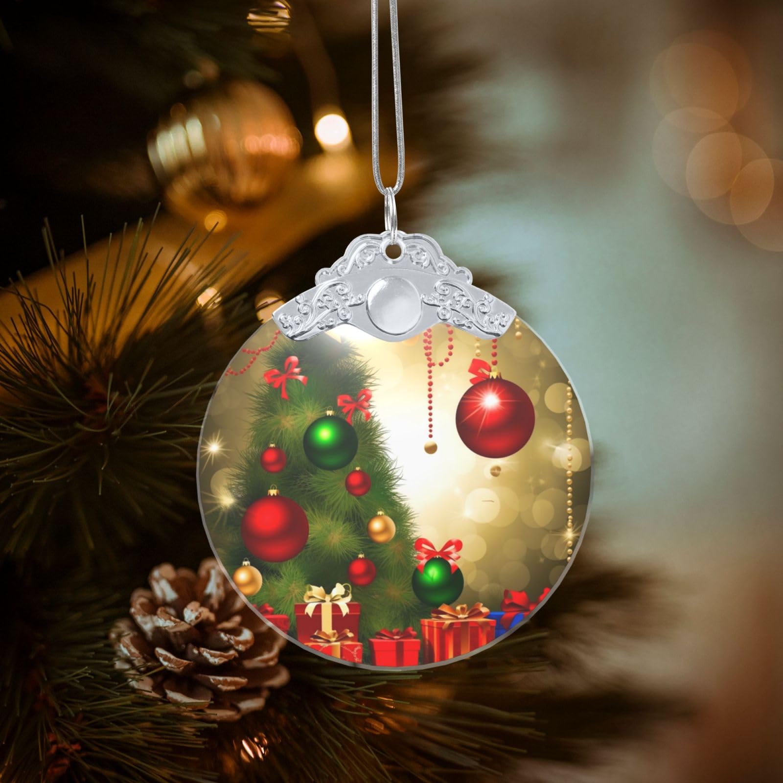 Crystal Christmas Ornaments for Christmas Tree Decoration Hanging Merry Christmas Ornament with Gold Ribbon Crafts Round Pendant for Keepsake Gifts Glass Xmas Decor Party Supplies