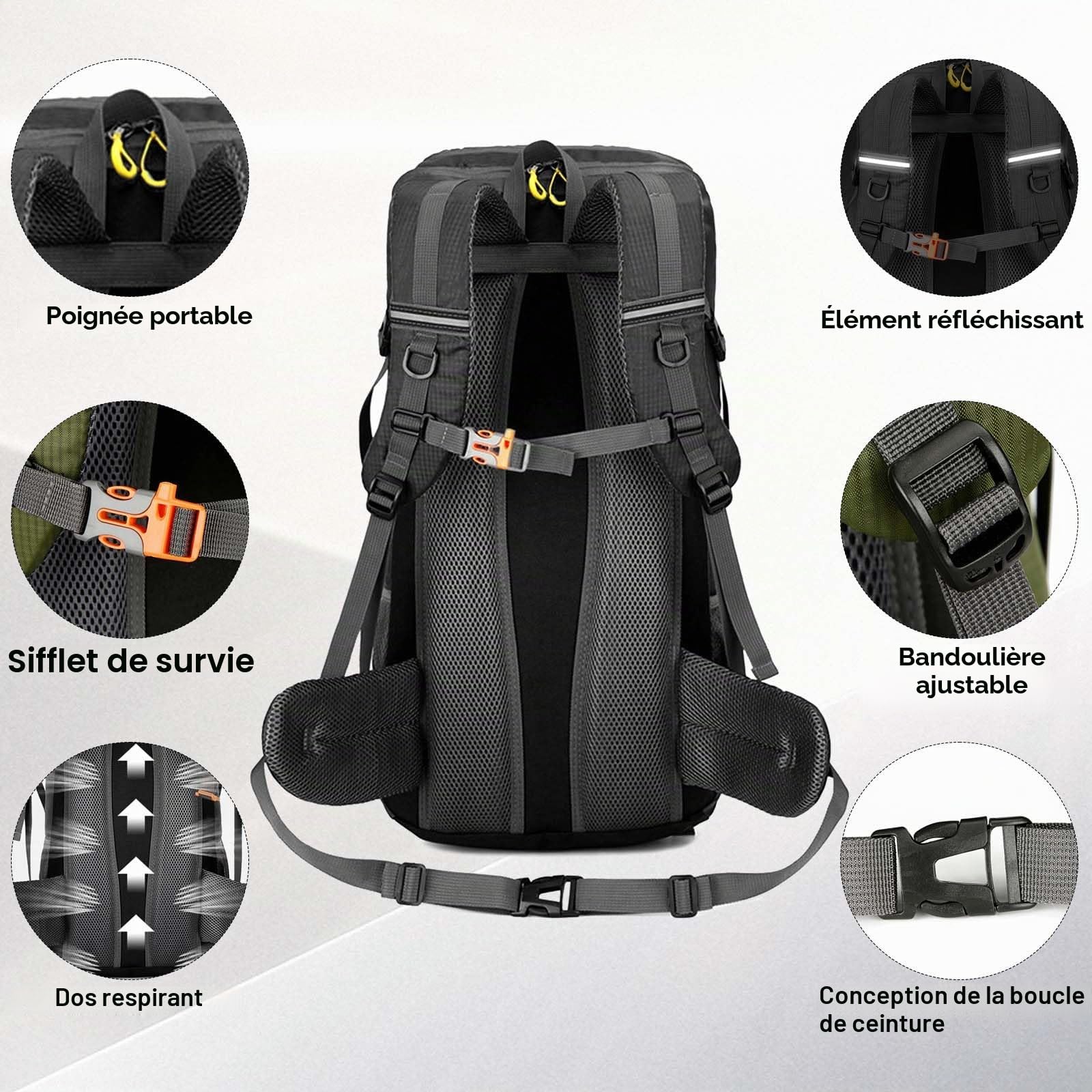 Sac à dos de Randonnée 50 L Homme et Femme, Grand Sac à dos étanche Noir avec Housse de Pluie pour Cyclisme, Randonnée, Camping, Alpinisme, Sports de Plein Air