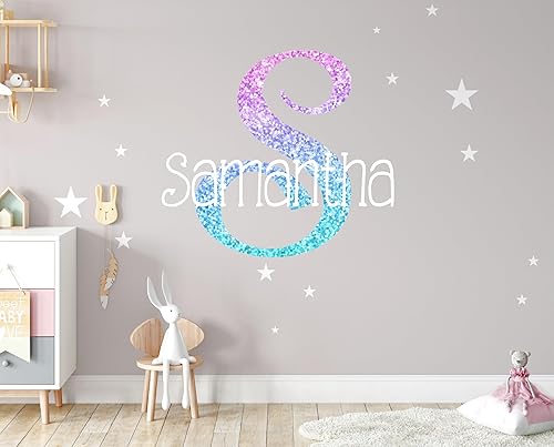 Miniatura 2 de Calcomanía de pared de vinilo con inicial y estrellas impresas con inicial y estrellas para el cuarto del bebé, calcomanía de pared para bebés