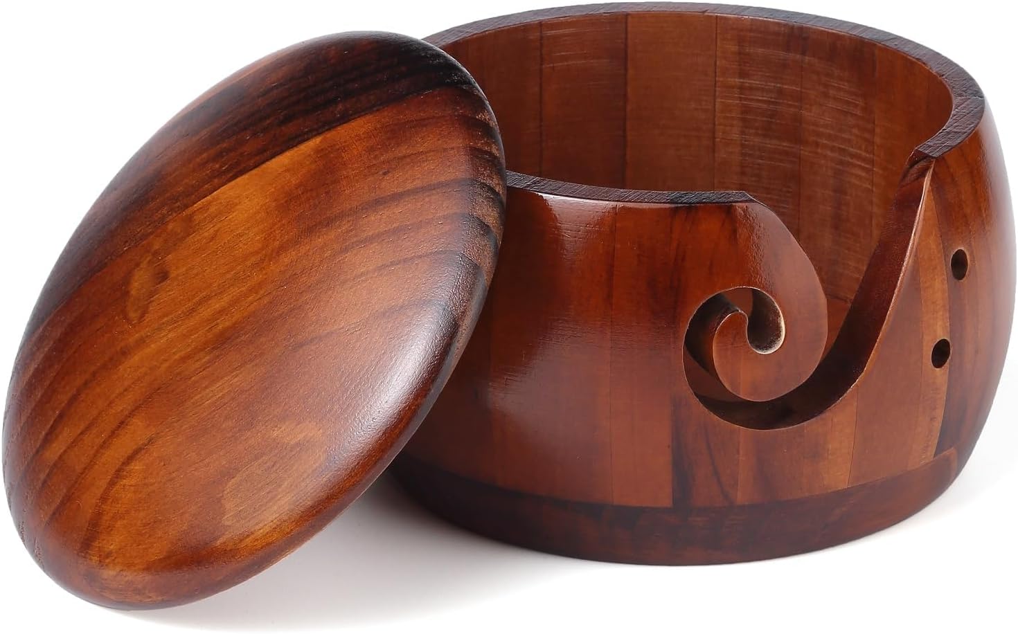 Yarn Bowl Knitting 7x5.1in Large Wood Knitting Bowl with Lid for Yarn skeins Round Wooden Bowl with Carved Holes Crochet Hook Rests