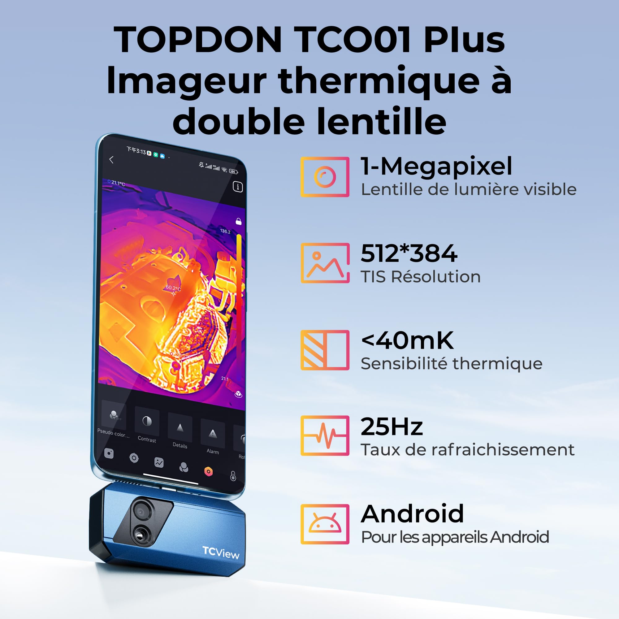 TOPDON TC001 Plus Caméra Thermique Android, 512x384 TISR Résolution Infrarouge Avec 100W Caméra Visuelle, -20°C à 550°C, 25Hz, Caméra Infrarouge à Double Objectif pour Smartphones, Tablettes et PC