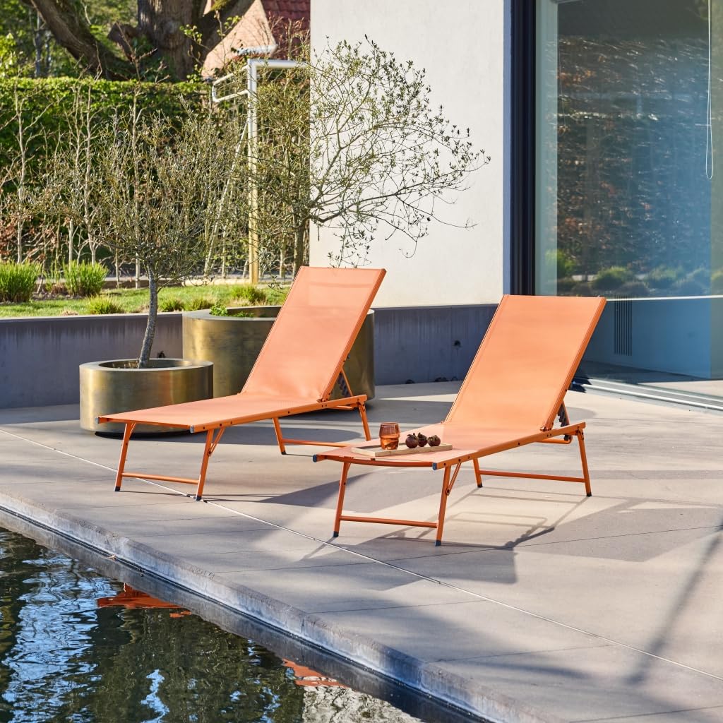 Alice's Garden sweeek - Lot de 2 Bains de Soleil Acier textilène inclinable 4 Positions Tropea Orange. 165 x 54.5 x 82.5 cm