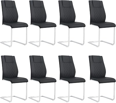 Modern Dining Chairs Set of 8 Upholstered Black Dining Room Chairs with Faux Leather Padded Seat & Silver Metal Legs, Comfy Chairs for Dining Room, Kitchen, Living Room