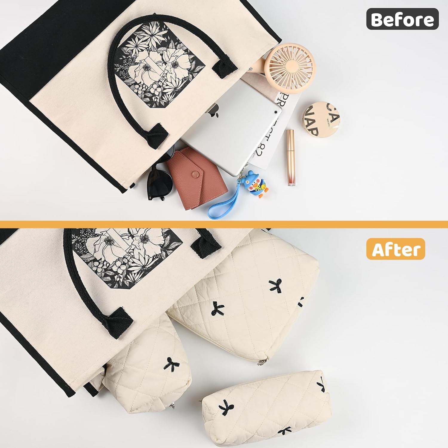 Quilted Makeup Bag Set,3 Pcs Puffy Cosmetic Bags Aesthetic Make Up Bags,Small Zipper Pouch,Travel Toiletry Bag Purse Organizer Pouches for Women (White-Bow) image 5